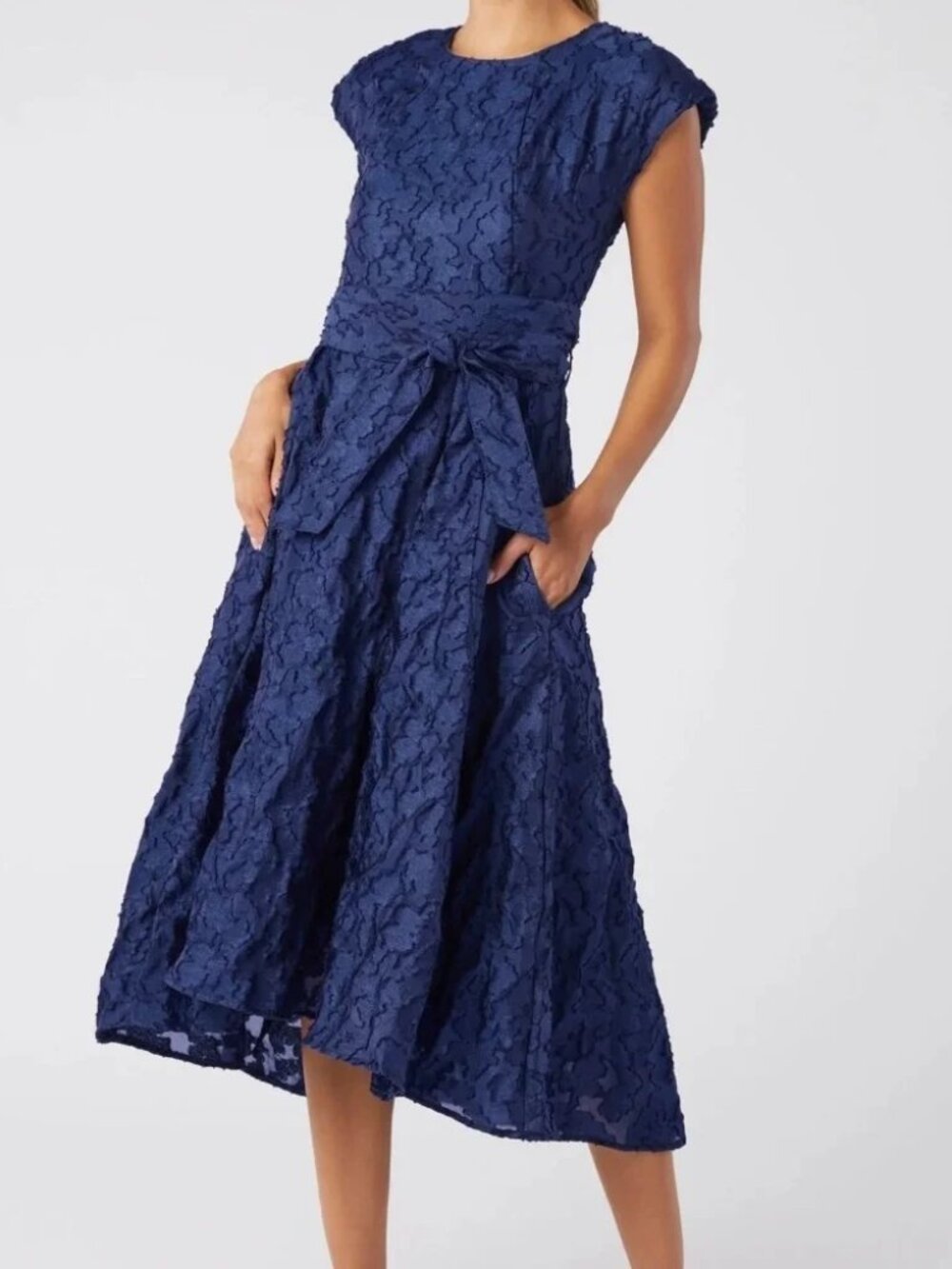 Abbey Glass NEW Navy blue Lace Flare A-line Organza Olivia midi dress, sz L